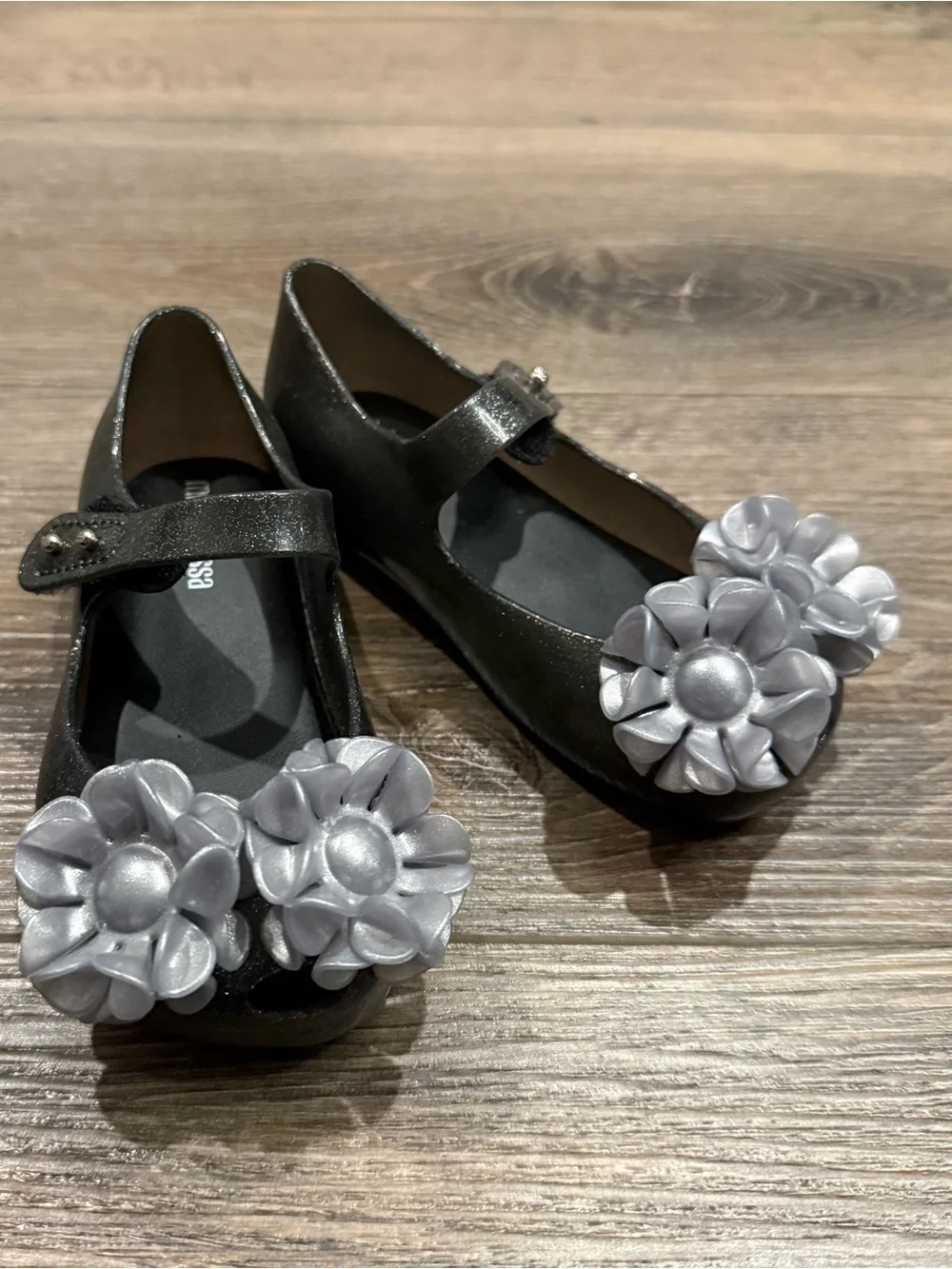 Mini Melissa Girls Black Mary Jane Flats with Silver Flower Accents
